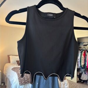 Cider Asymmetrical Trim Rhinestone Cami Crop Top - Black